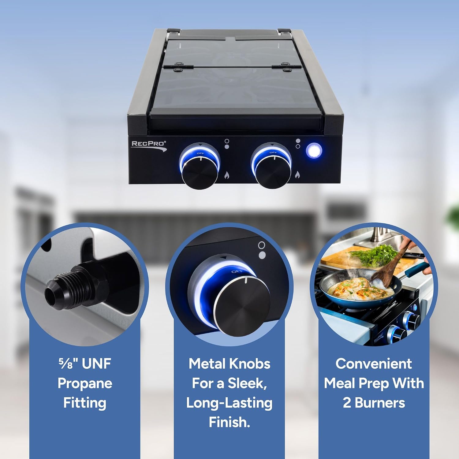 RecPro RV Built In Gas Cooktop | 2 Burner or 3 Burner | RV Cooktop Stove | 6,500 and 8,000 BTU Burners | Cover Included (2 Burner Black)