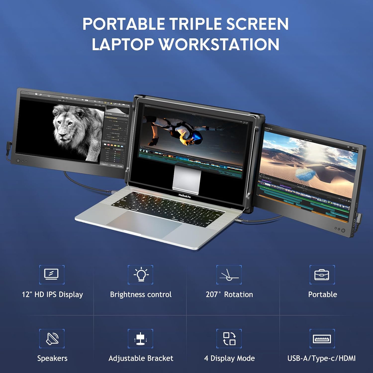 P2 Triple Portable Monitor for Laptop Screen Extender 12 Inch Dual Monitors Extender FHD 1080P IPS Display Type-C/HDMI/USB-A/Speakers for 13-16 Inch Notebook Computer Windows Mac Phone