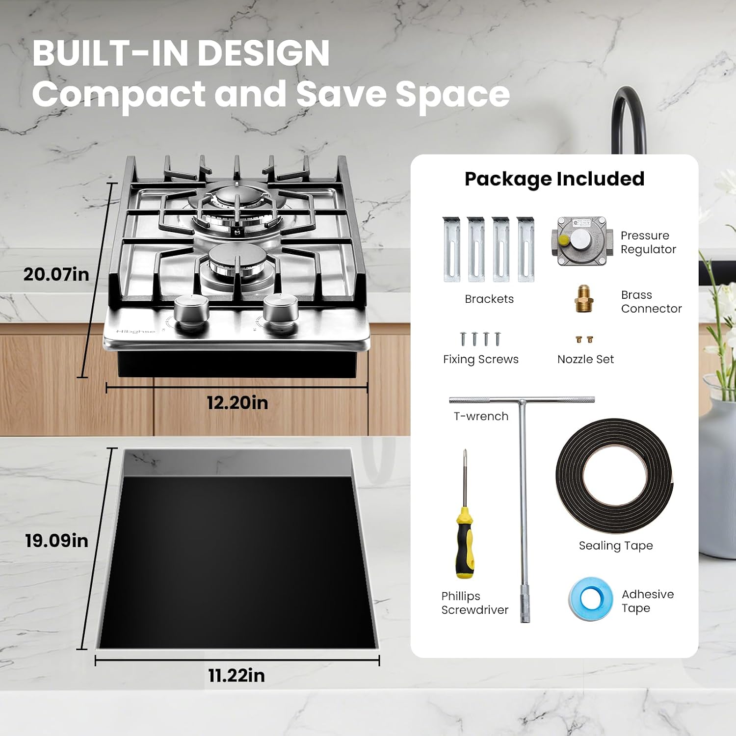 2 Burner Propane Stove, Hibghse 12 Inch Gas Cooktop Built-in Gas Stove NG/LPG Convertible Stainless Steel Stove Burner with Thermocouple Protection for Kitchen, Apartment, Outdoor, RVs