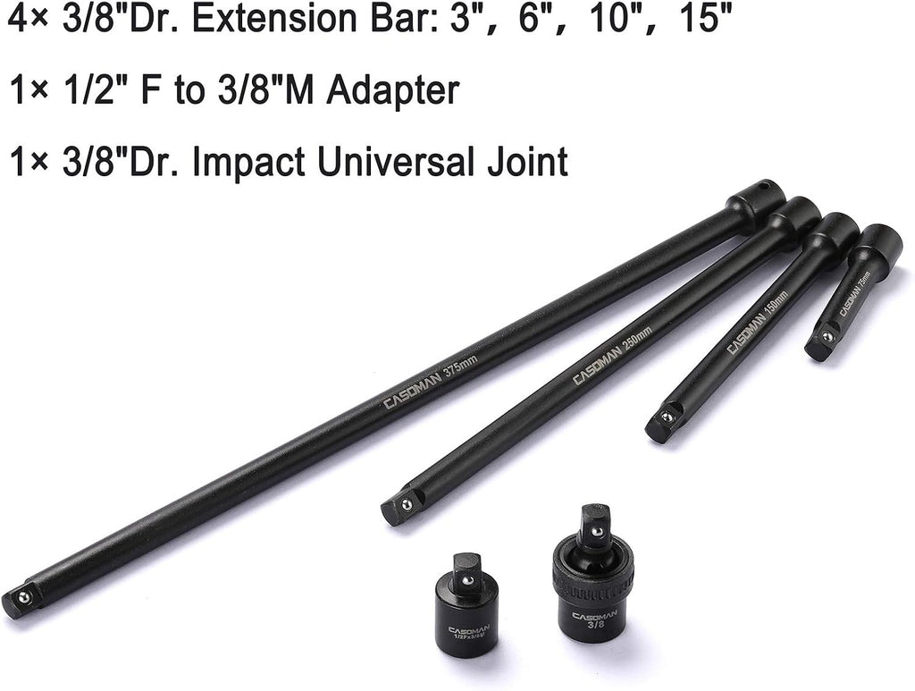 CASOMAN 87PCS 3/8' Drive Master Impact Socket Set, SAE & Metric Standard, Deep, Swivel Sockets,Cr-MO Steel, Includes Star and Inverted Star Socket, Impact Universal Joint, Extension Bars