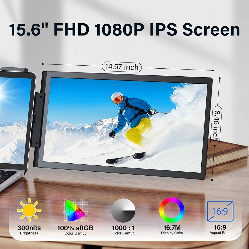 MAGICRAVEN Laptop Screen Extender, 15.6' 1080P IPS Portable Monitor, Travel Monitor for 13-15.6' Laptops with USB-C/HDMI Port, Plug and Play Attachment Screen for Windows/Mac/Android/Switch/PS5/Xbox