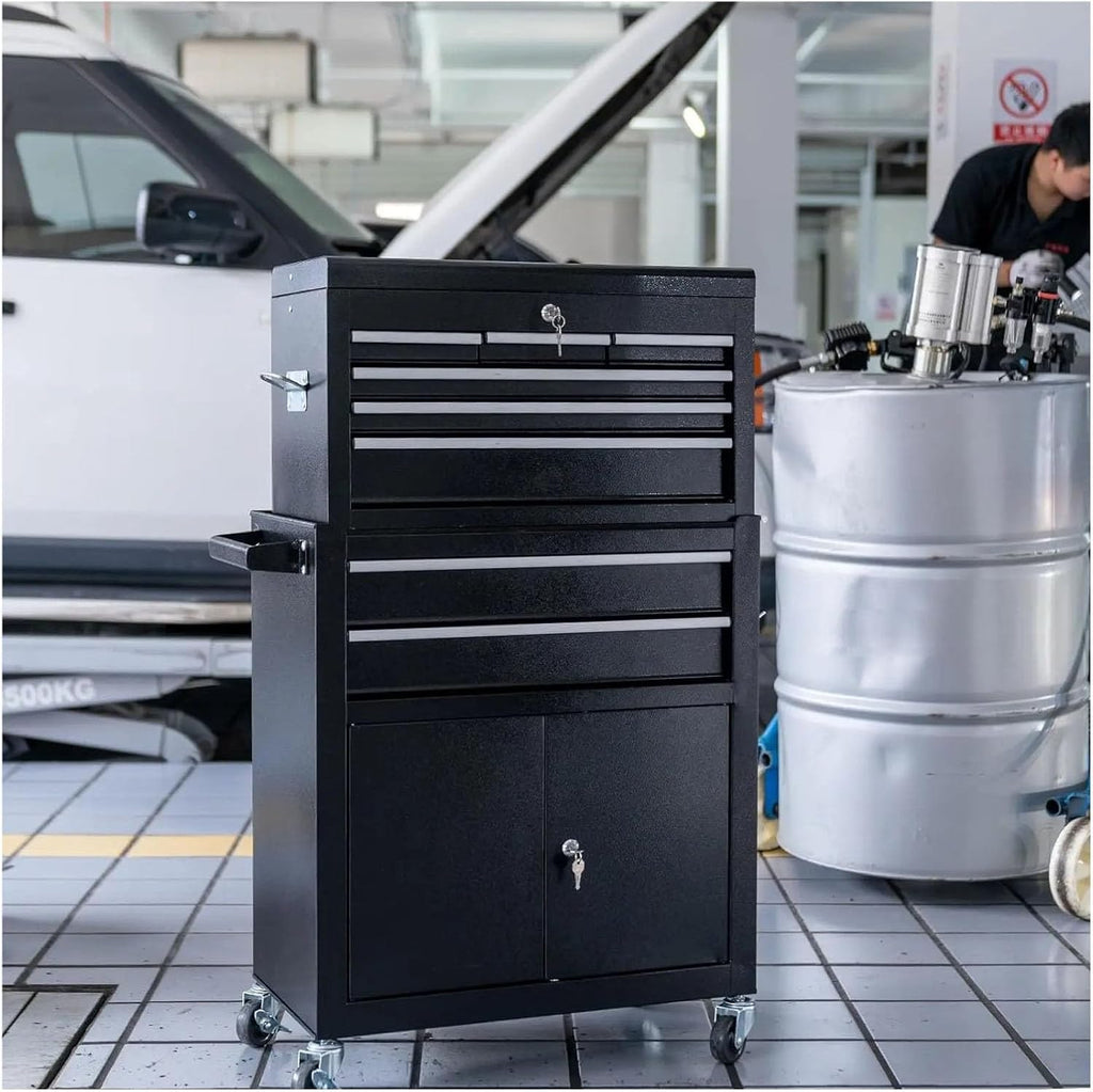 Multifunctional Rolling Tool Chest with 8 Drawers and Detachable Top Tool Box, Mobile Steel Tool Storage Organizer, Tool Chest on Wheels for Warehouse&Workshop, Side Hooks & Drawer Liners for Garage