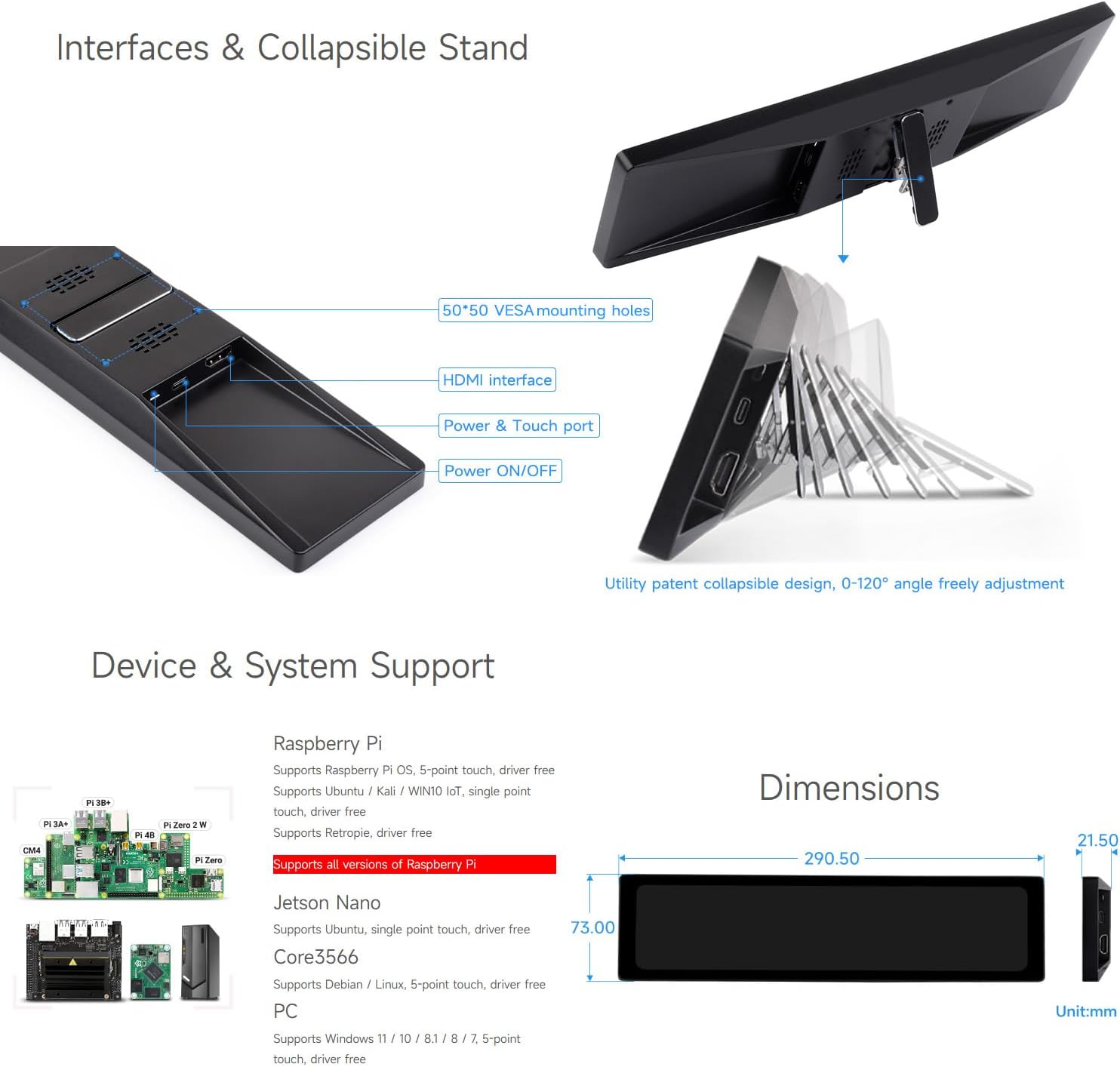 Waveshare 11.9inch IPS Display, Compatible with Raspberry Pi 5/4B/3B+/3A+/2B/Zero 2W CM3+/4, 5-Point Touch,Driver Free,Dual-Track Speaker,Software Brightness Adjustment,NO Touch Function