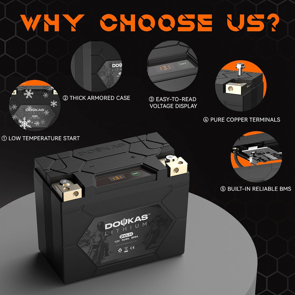 DKL30 YTX30L-BS 800A LiFePO4 Motorcycle Lithium Battery, 12V 8Ah Powersports Battery, Compatible Jet Ski, ATV, Lawn Mower, Scooter, Generator Battery, Snowmobile