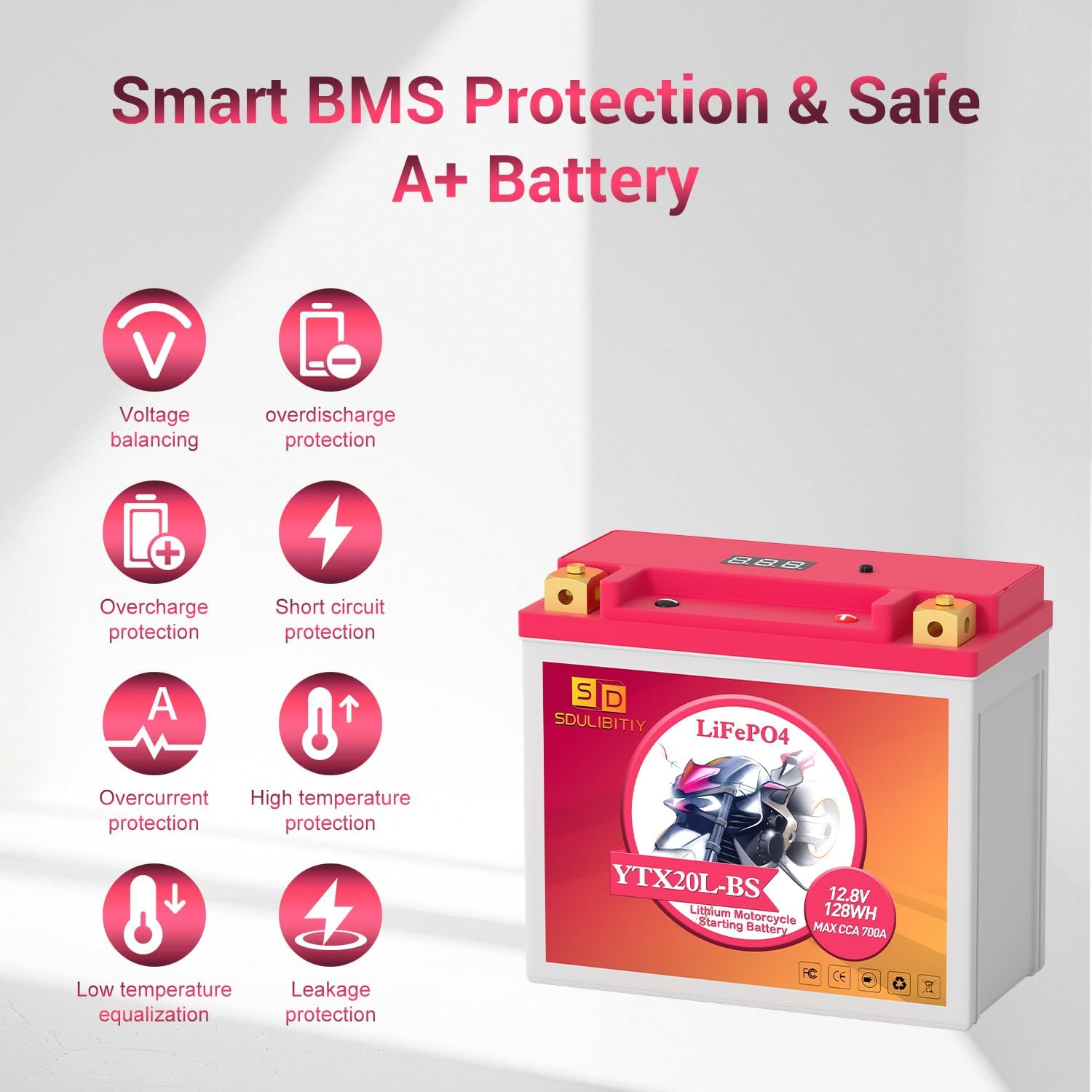 Lithium Motorcycle Battery LiFePO4 YTX20L-BS 12.8V 10Ah 700CCA For Motorcycle Compatible ATV, UTV, Jet Ski, 4 wheeler, Scooter, PWC, Seadoo, Polaris