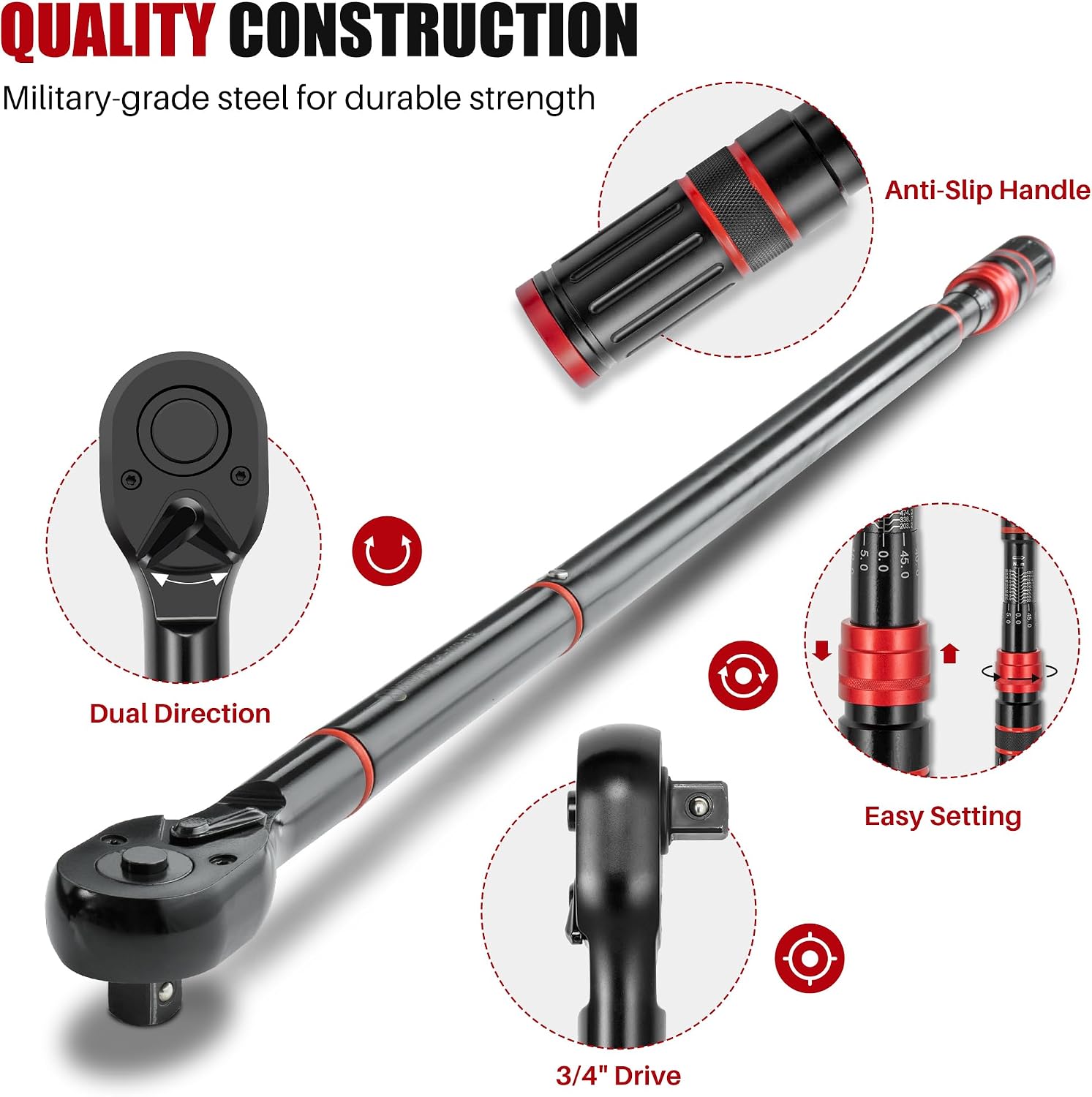 3/4-Inch Drive Click Torque Wrench - 150-1000 Ft-Lb/203.3-1355Nm, Dual-Direction Adjustable 48 ToothTorque Wrench, Accuracy 3% for Car, Truck, Tractor, Maintenance and Product Assembly