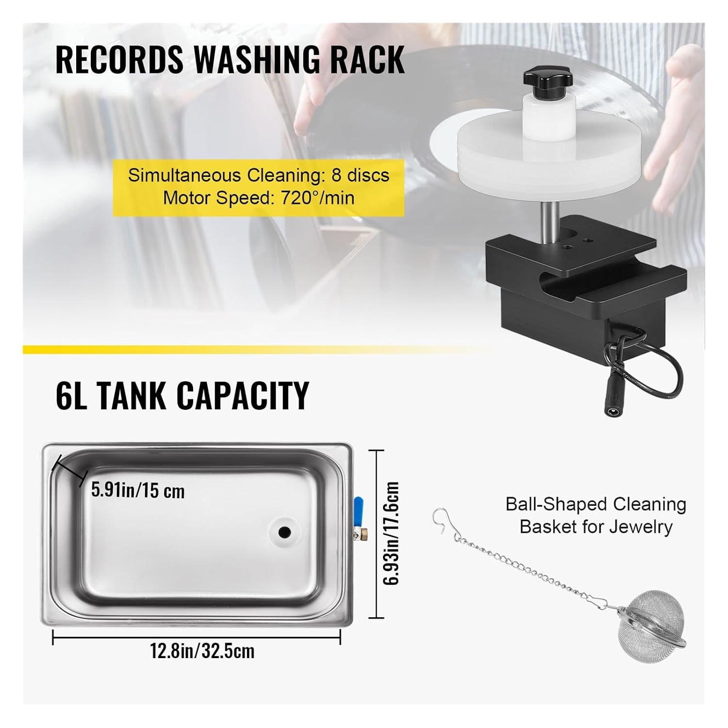 Ultrasonic Cleaners, 6L Knob Ultrasonic Vinyl Record Cleaner Mini Portable Washing Machine Ultrasound Dishwasher Contact Lenses Jewelry