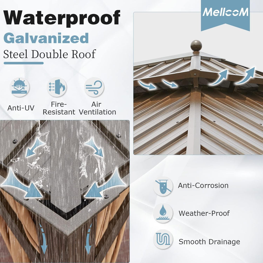 MELLCOM 12'x16' Hardtop Gazebo, Galvanized Steel Metal Double Roof Canopy with Curtains and Netting, Brown Permanent Pavilion Gazebos with Aluminum Frame for Patio, Lawn & Garden