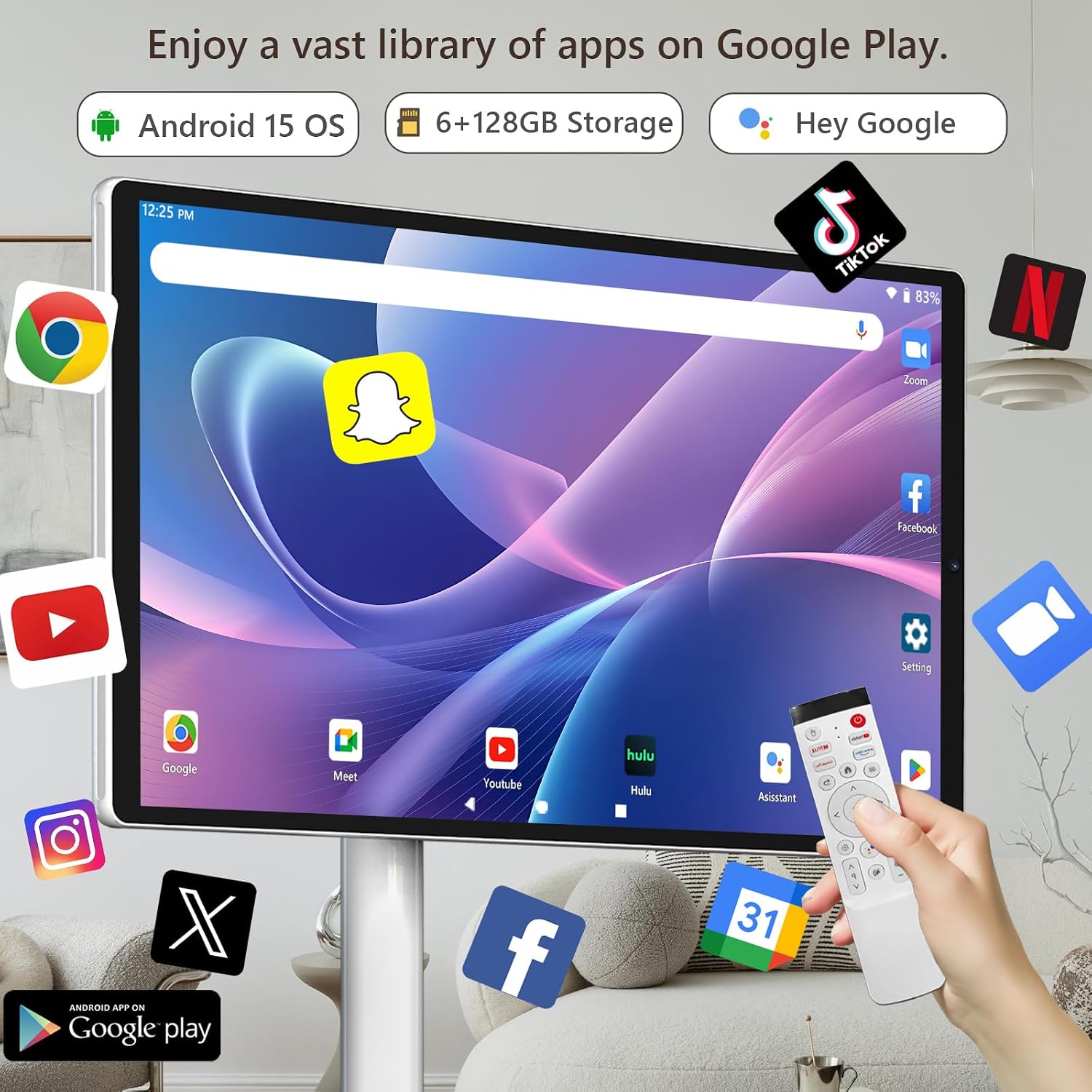 OFD 21.5 Inch 2nd Gen Portable TV on Wheels 1080P,100%sRGB,6+128GB Storage,Android 15 OS Touchscreen RollingTV with 13MP Webcam,Remote Control,Wireless Projection,6000 mAh Battery,EDLA-Certified,White