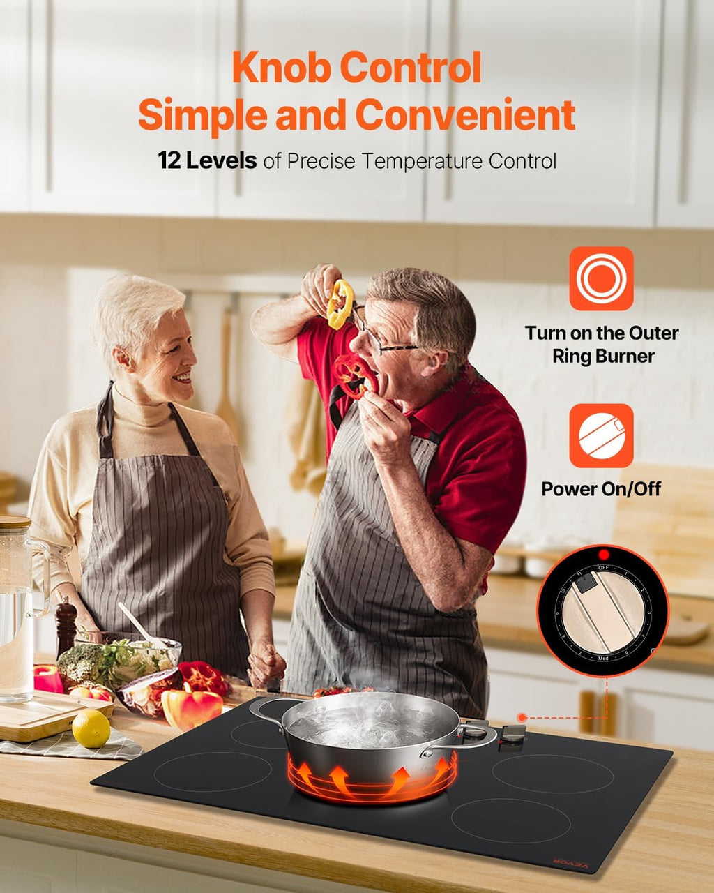 VEVOR SK-92IHA36CK04 9200W Electric Countertop Burner Knob Control Stove, Built-in Induction Cooktop with 12 Temperature Settings, Glass Surface, Auto Shut-Off, 36in 5 Burners/220V, Black