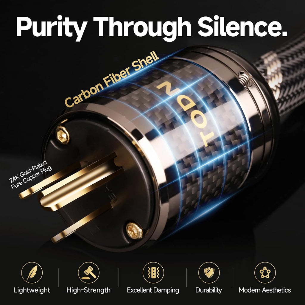 TODN HiFi Power Cable Audiophile OFC+OCC Cores Audio Power Cord with Carbon Fiber Shell, 24K Gold Plated US Plug/IEC C15, Φ17.5mm, 4.9ft/1.5m
