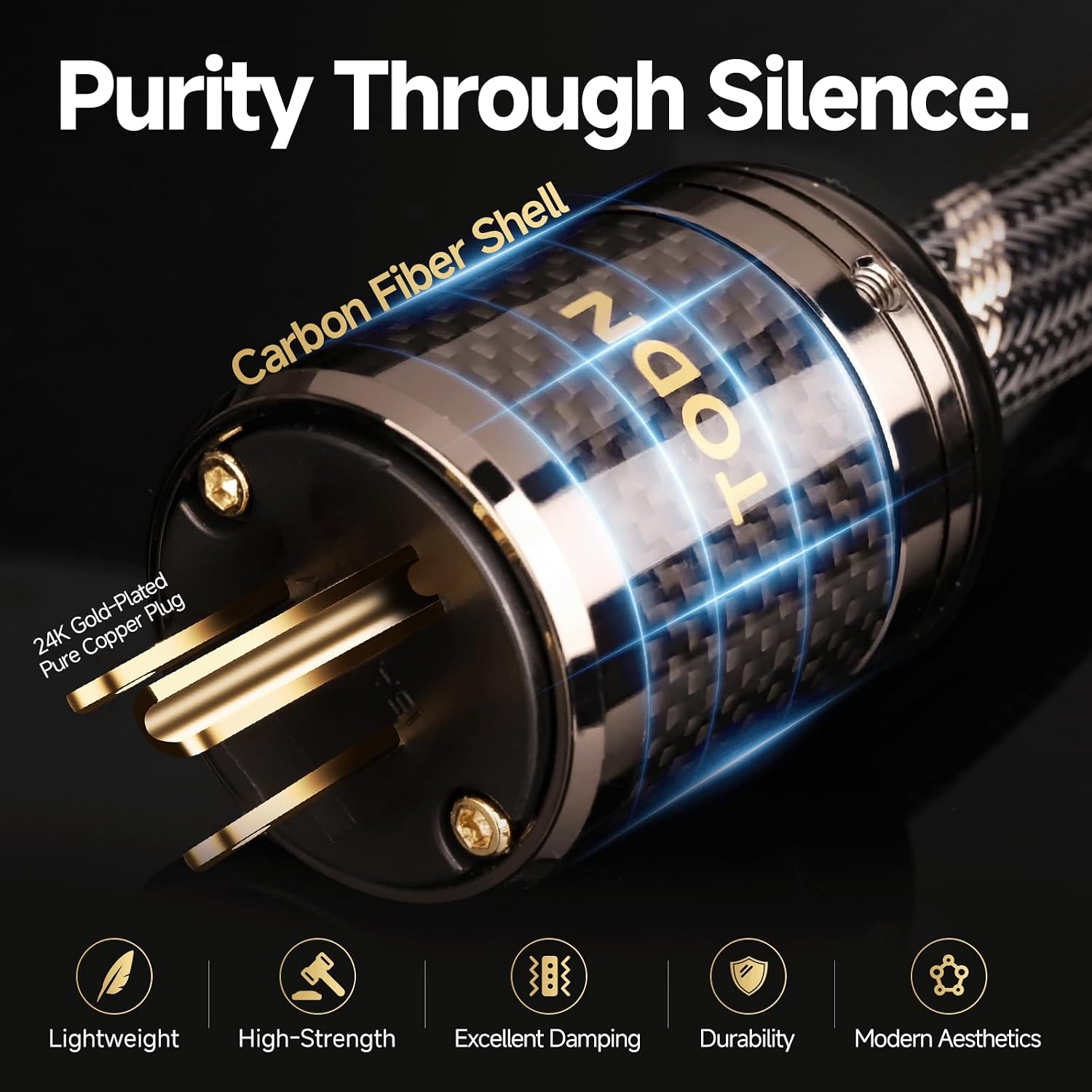 TODN HiFi Power Cable Audiophile OFC+OCC Cores Audio Power Cord with Carbon Fiber Shell, 24K Gold Plated US Plug/IEC C15, Φ17.5mm, 4.9ft/1.5m