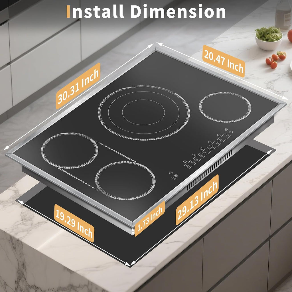 30 Inch Electric Cooktop, 4 Burner Electric Stove Top with Touch Control, 7800W Built-In Glass Stovetop with BBQ & Expandable Zone, 9-Level Adjustable, Child Lock, Timer, 220V-240V Hardwire