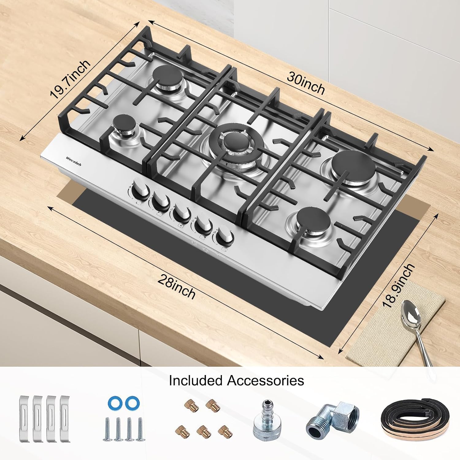 30 Inch Gas Cooktop, 5 Burners Built in Gas Stove Top, NG/LPG Convertible Propane Cooktop, Auto Ignition, Stainless Steel Surface, Cast Iron Grates, Thermocouple Protection, ETL