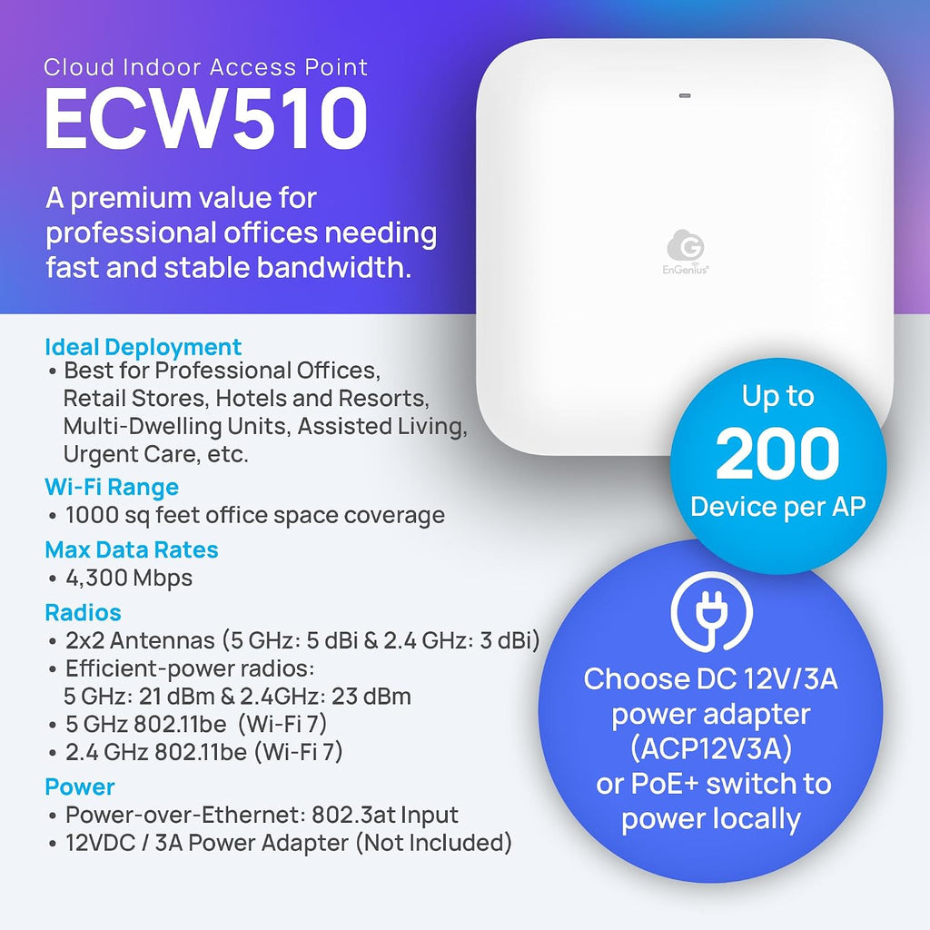 EnGenius ECW510 Wi-Fi 7 Indoor Access Point – Dual-Band 2x2 MU-MIMO, 2.5GbE PoE+, 4300 Mbps (5GHz) + 700 Mbps (2.4GHz), Supports 400 Devices, Up to 1,000 Sq Ft Coverage, Cloud Managed