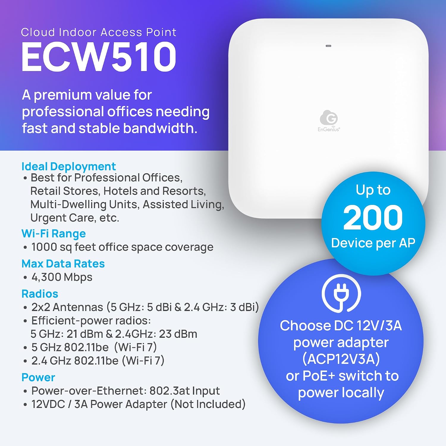 EnGenius ECW510 Wi-Fi 7 Indoor Access Point – Dual-Band 2x2 MU-MIMO, 2.5GbE PoE+, 4300 Mbps (5GHz) + 700 Mbps (2.4GHz), Supports 400 Devices, Up to 1,000 Sq Ft Coverage, Cloud Managed