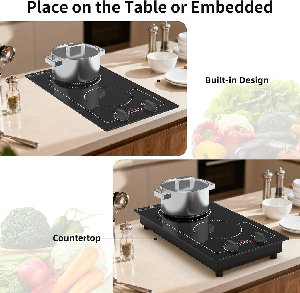 GIHETKUT Double Induction Cooktop, 110V 2300W hot plate with LED Touch Screen, 9 Power Levels, Kids Lock & Timer, Overheat Protection, knob and touch control 2 burner Induction cooktop