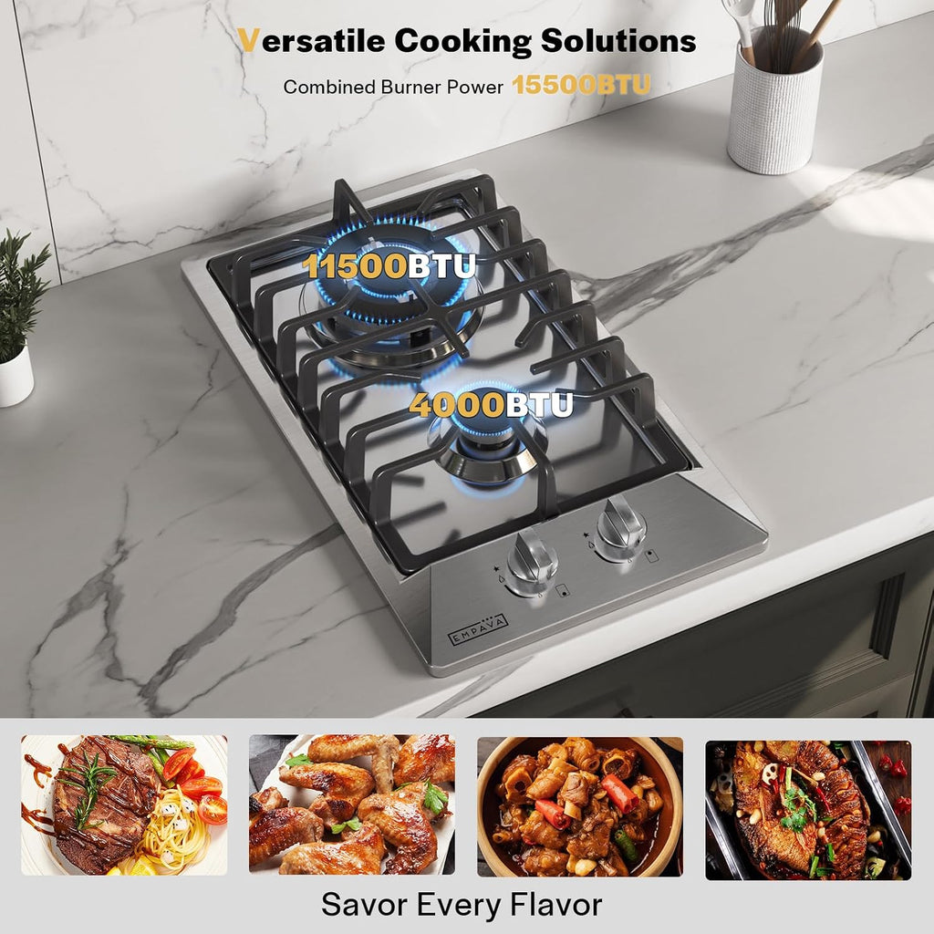 Empava 12' Gas Stove Cooktop with 2 Italy Sabaf Sealed Burners NG/LPG Convertible in Stainless Steel