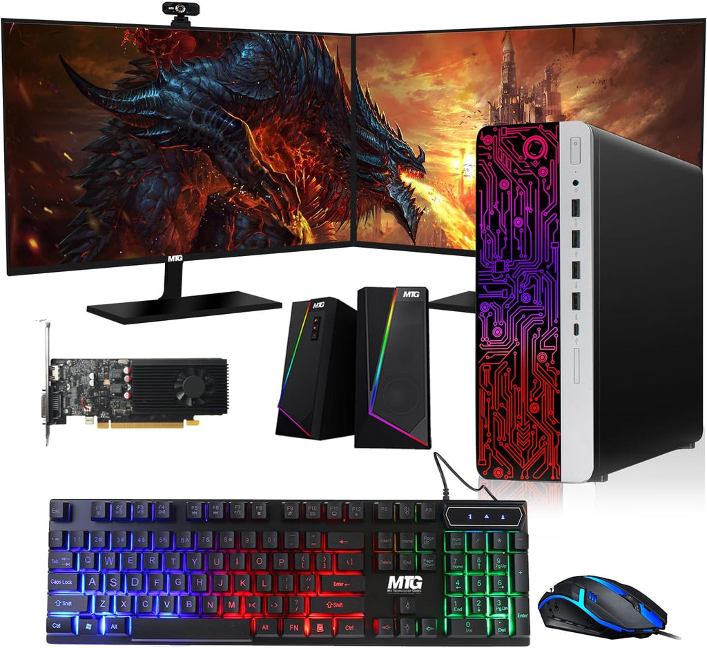 HP G3 Gaming Desktop PC, Core i7 6th Gen, GT 1030 Graphic, 16GB RAM, 1TB SSD | 128GB SSD, New Dual MTG 27 inch Monitor, RGB Keyboard Mouse, Speaker, Webcam, WiFi, Windows 11 (Renewed)