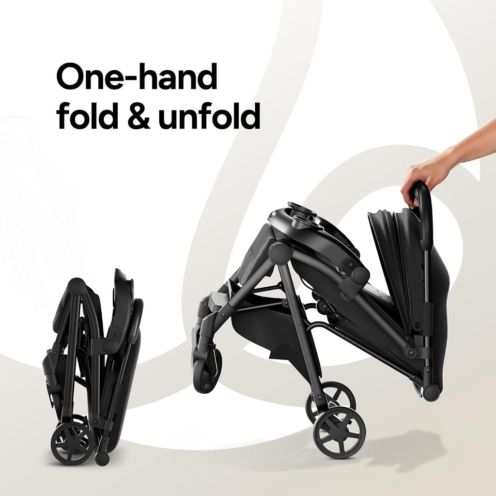 Mompush Lithe V2 Lightweight Travel Stroller, Compact Foldable Baby Stroller with Travel Bag, One-Hand Fold Stroller, Snack Tray, Mechanical Recline Seat, Airplane-Ready, UPF 50+ Canopy & Rain Cover
