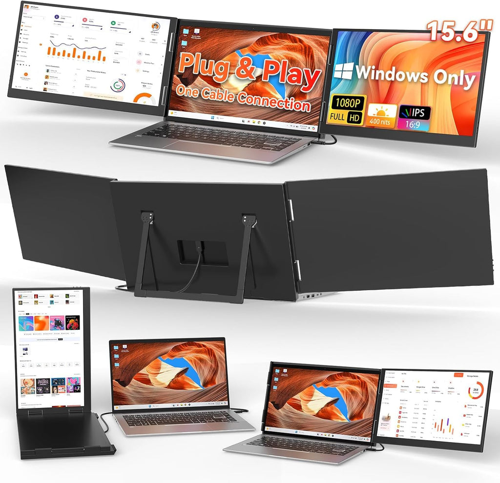 HotYeah Laptop Screen Extender (Windows Only), 15.6' 1080P Dual Extended Monitor, USB-C Travel Screen for 12-17' Laptop, Triple Portable Monitor w/Kickstand & 240° Rotation, One Cable Connection