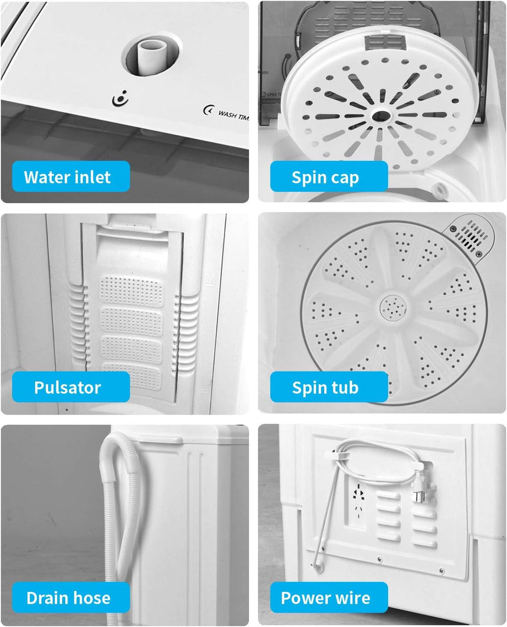 Compact Twin Tub Portable Mini Washing Machine 21lbs Capacity,Washer(14.4lbs) and Spiner(6.6lbs)/Built-in Drain Pump/Semi-Automatic,Black and White,24.8 inch x 15 inch x 28.5 inch