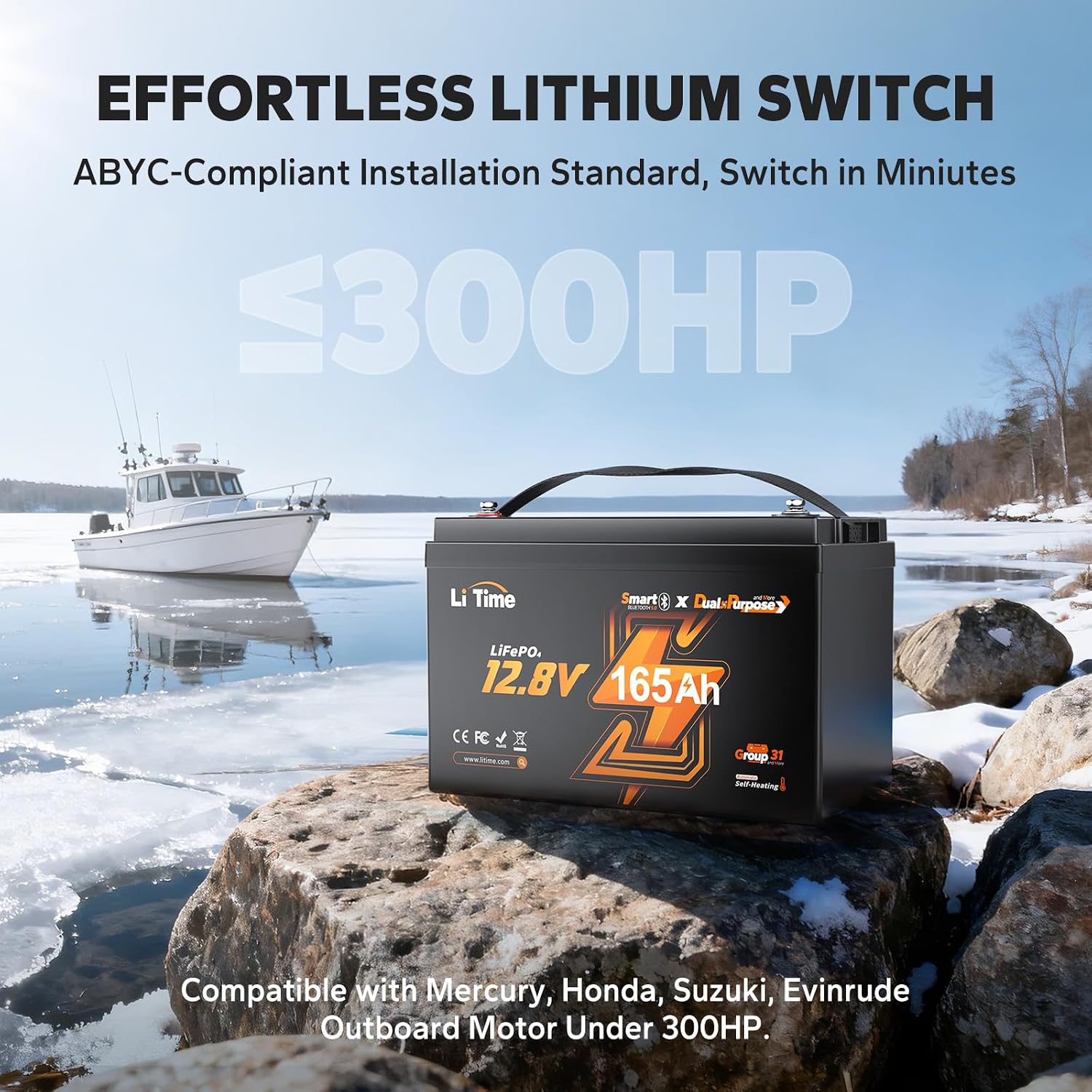 LiTime 12V 165Ah Dual Purpose Lithium Marine Starting & Storage Battery (1200CCA), Group 31 Deep Cycle LiFePO4 Cranking Battery for Boat, Compatible with Yamaha, Mercury, Honda, Suzuki, Evinrude