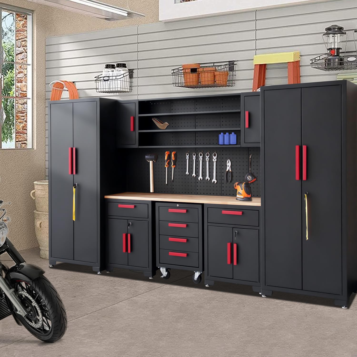Garage Cabinet Storage System - 9-Piece Workshop Set w/Steel Cabinets & Workbench Includes Rolling Chest & Pegboard Heavy-Duty Black & Red Tool Organization for Garage/Workshop