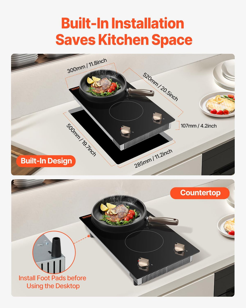 VEVOR Induction Cooktop, 3500W Electric Countertop Burner, 2 Burner Knob Control Stove, Built-in Induction Cooktop with 12 Temperature Settings, Glass Surface, Auto Shut-Off