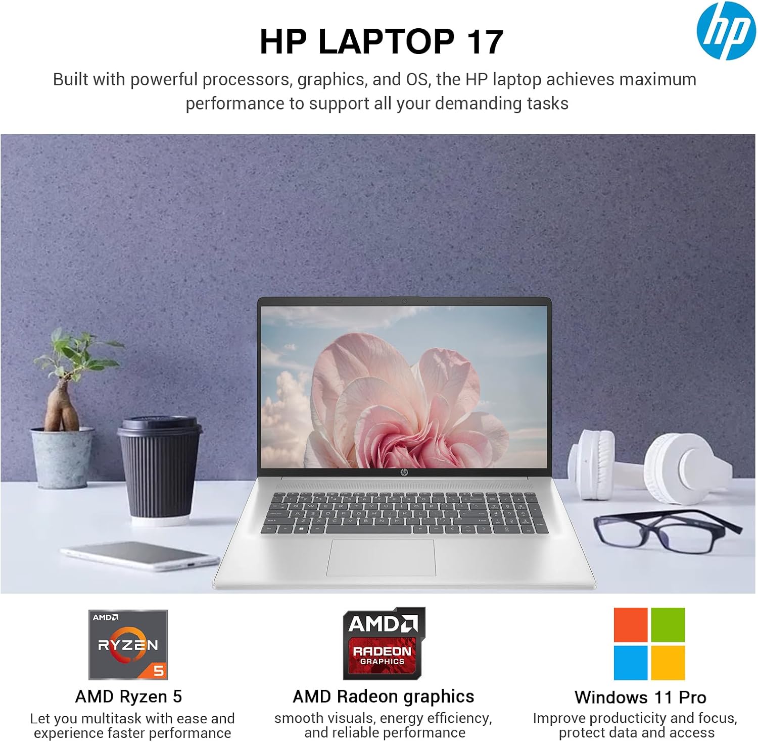 HP 17 Inch Laptop Computer | 17.3' FHD IPS Business Laptop PC | AMD Ryzen 5 (6-Cores) | 64GB RAM 1TB SSD | Windows 11 Pro | 10-Key Numbe Pad | USB-C Wi-Fi 6