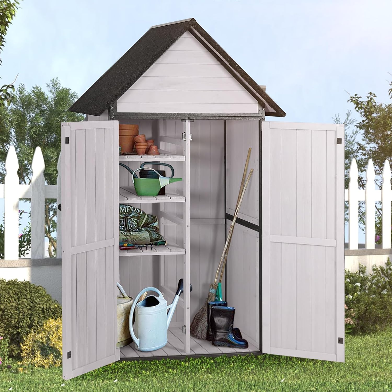 Sheds Outdoor Storage, Wooden Garden Shed with All Around Strong Metal Frame, Large Tool Shed with Floor and Adjustable Shelves, for Backyard Garden Patio Lawn(White)
