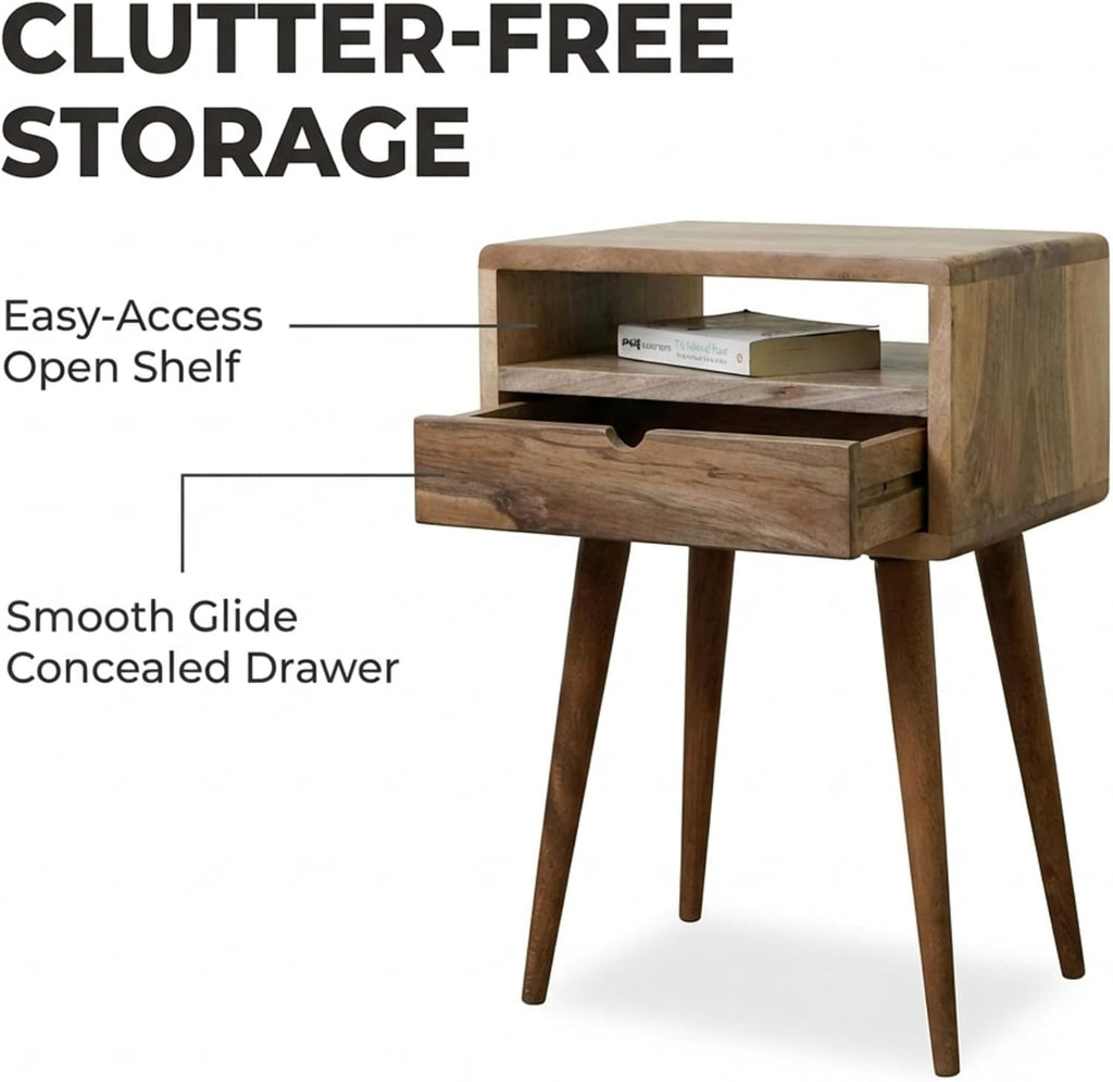 Ultimate Premium Products Mid Century Nightstand with Drawer Solid Walnut Bedside Table with Shelf Nightstand Organizer Unique Style Handmade Bedroom Furniture