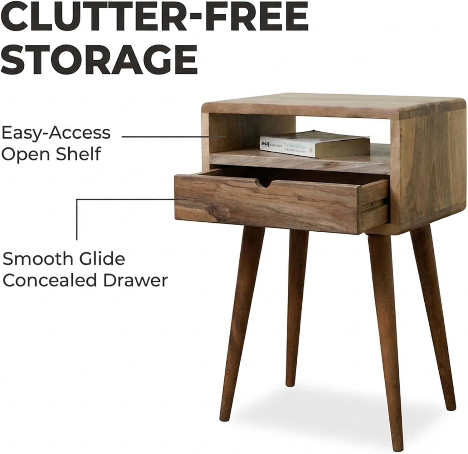 Ultimate Premium Products Mid Century Nightstand with Drawer Solid Walnut Bedside Table with Shelf Nightstand Organizer Unique Style Handmade Bedroom Furniture