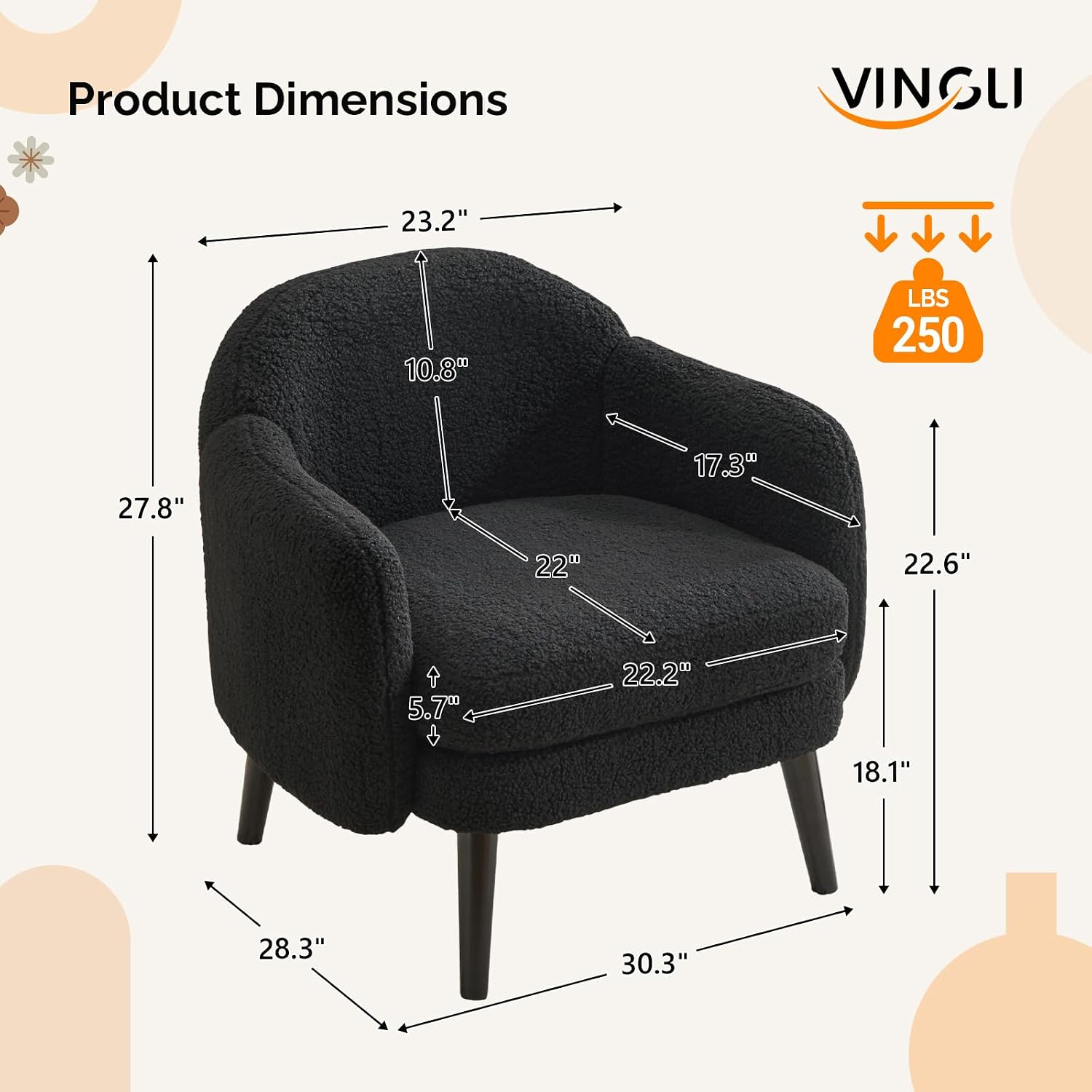 VINGLI 30.3' Wide Modern Barrel Accent Armchairs Set of 2 with Track Armrest, Solid Wooden Legs, Comfy Upholstered Club Chairs, Single Home Sofa for Living Room, Bedroom, Reading,Teddy Fleece Black