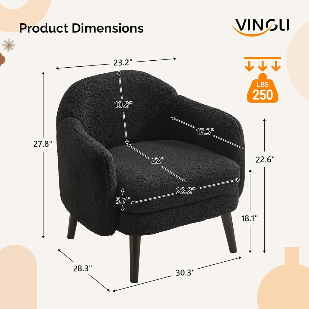 VINGLI 30.3' Wide Modern Barrel Accent Armchair with Track Armrest, Solid Wooden Legs, Comfy Upholstered Club Chair, Round Single Home Sofa for Living Room, Bedroom, Reading Room,Teddy Fleece Black