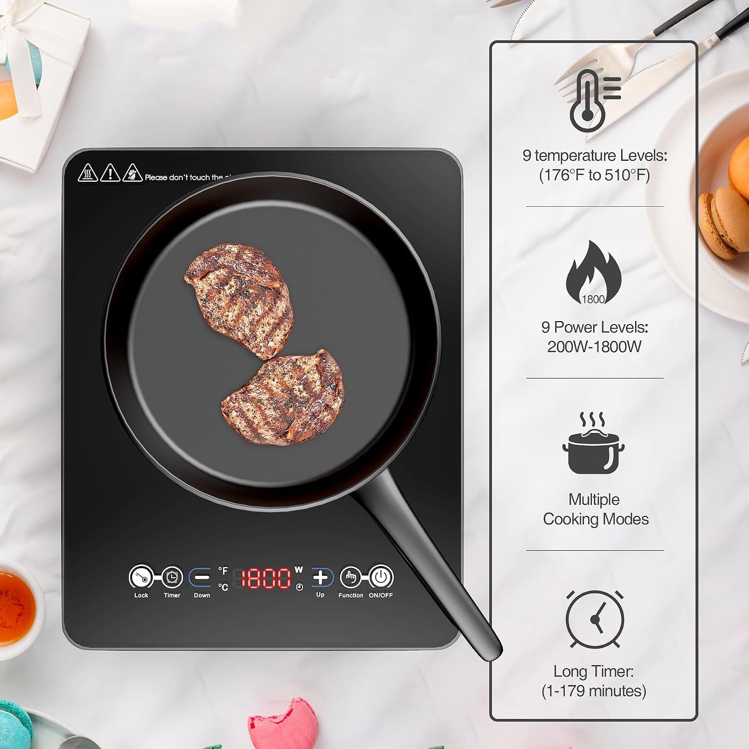 VBGK Portable Induction Cooktop With Ultra Thin Body, Low Noise Hot Plate With 1800W Sensor Touch Single Electric Cooktops Countertop Stove With 9 Temperature & Power Levels, 3-hour Timer, Safety Lock