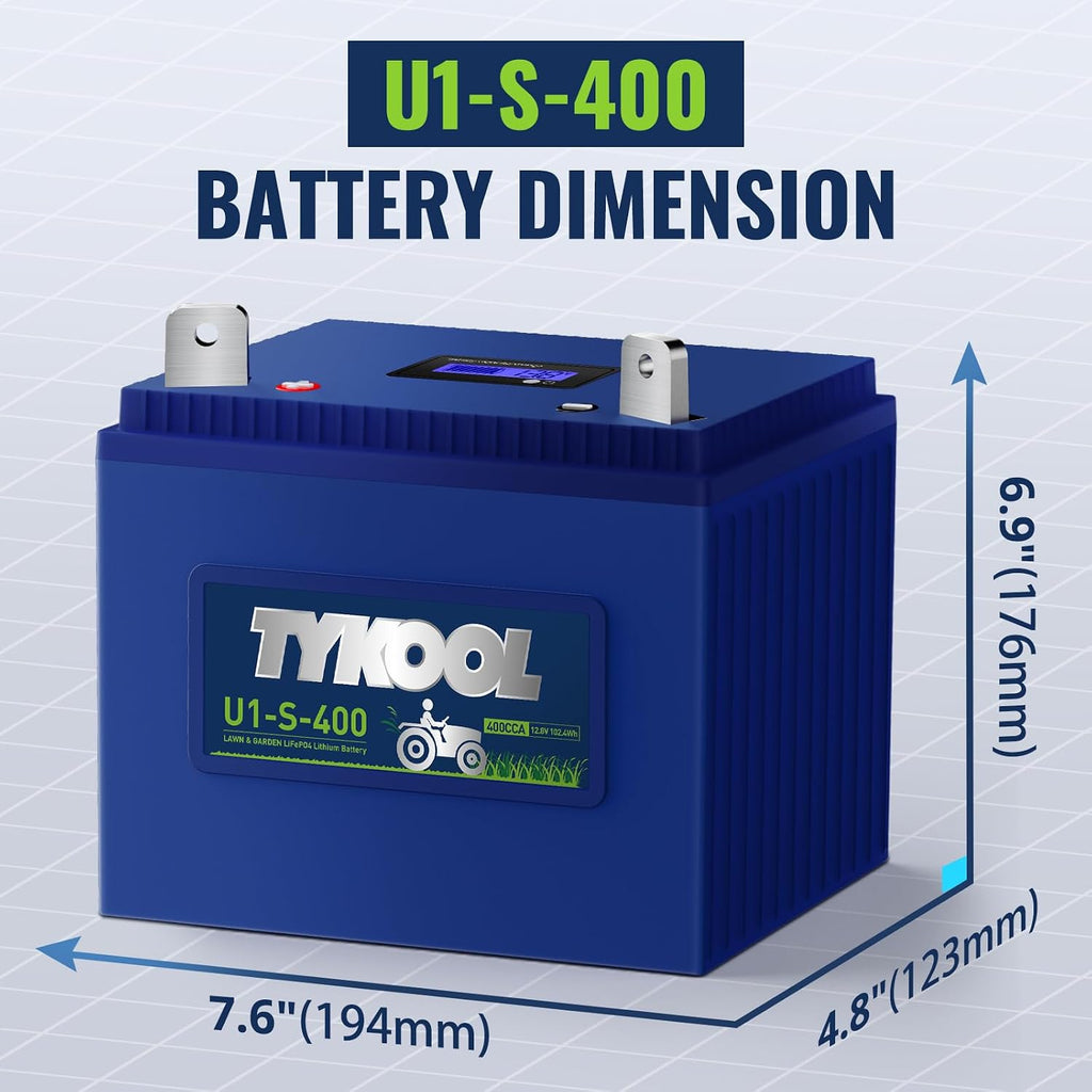 TYKOOL 400 CCA 8Ah, Group U1 LiFePO4 Lithium Lawn Mower Battery, Garden Tractor Battery, Compatible for Ride on Lawn Tractor and Mower, Fits for Cub Cadet, John Deere, Troy-Bilt Mower, Craftsman [+ -]