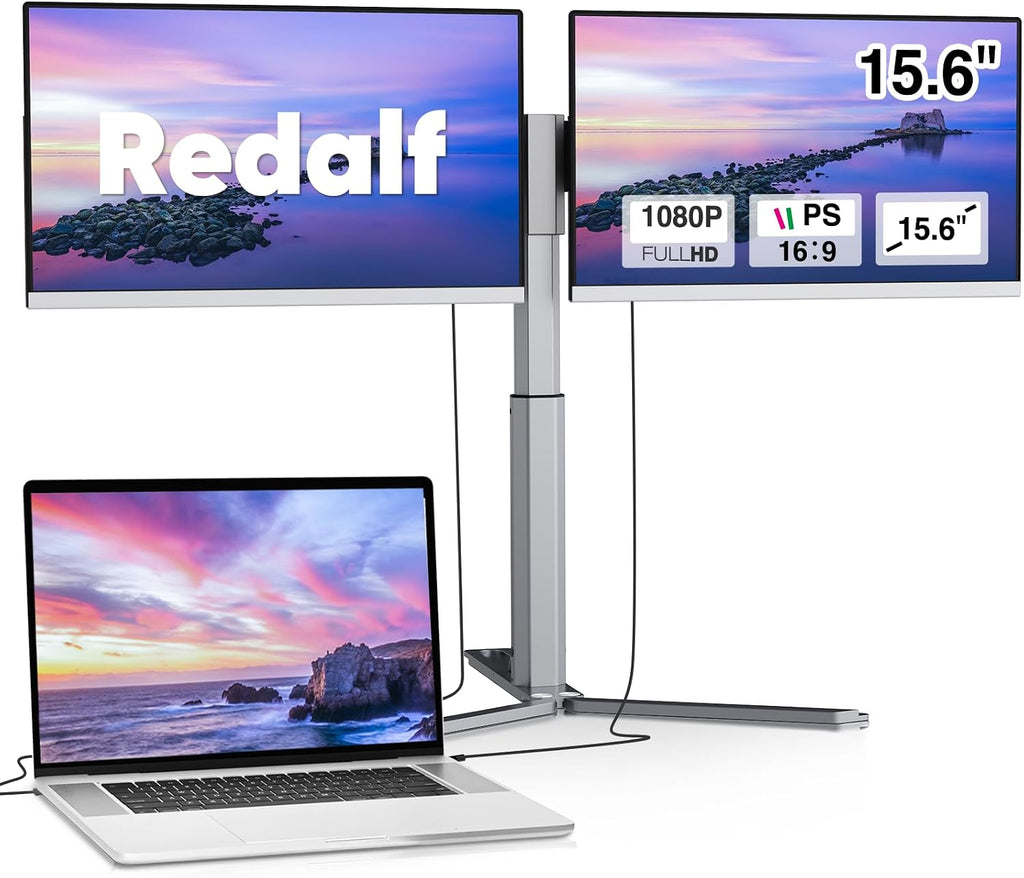 Redalf 15.6' FHD Portable Triple Monitor for Laptop, IPS Ultra-Thin Zero Frame, Compatible with Mac, Windows, Chrome, Fits All Size Laptops