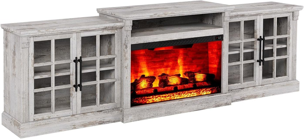 LUXOAK 97' Farmhouse TV Stand with 33' Fireplace for TVs up to 100', Media Entertainment Center with Large Storage Cabinet and Adjustable Shelves for Living Room, Light Grey
