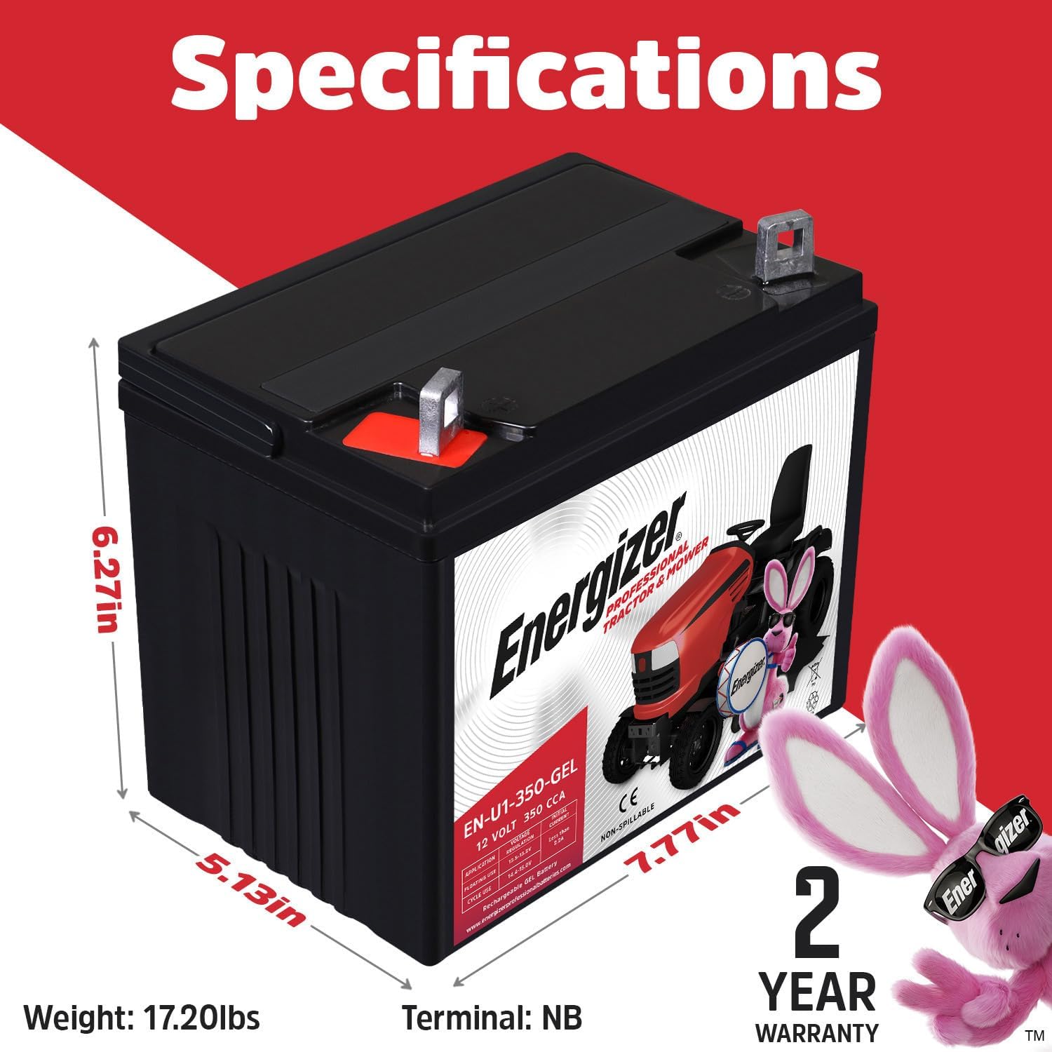 Energizer EN-U1-350-GEL, 12 Volt 350 CCA, Long Lasting Sealed Lead Acid AGM Rechargeable Battery Ideal For Use In Tractors, Lawn Mowers, and more