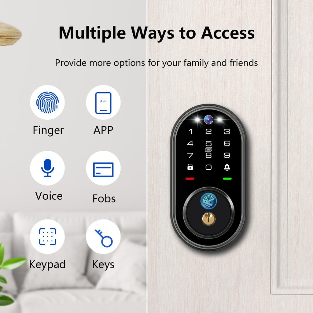 Smart Lock with Camera, Fingerprint Keyless Entry Deadbolt Lock, Built-in WiFi, Video Doorbell, Touchscreen Keypad, 2-Way Audio, Tuya APP, Waterproof, 8 AA Batteries, for Front Door