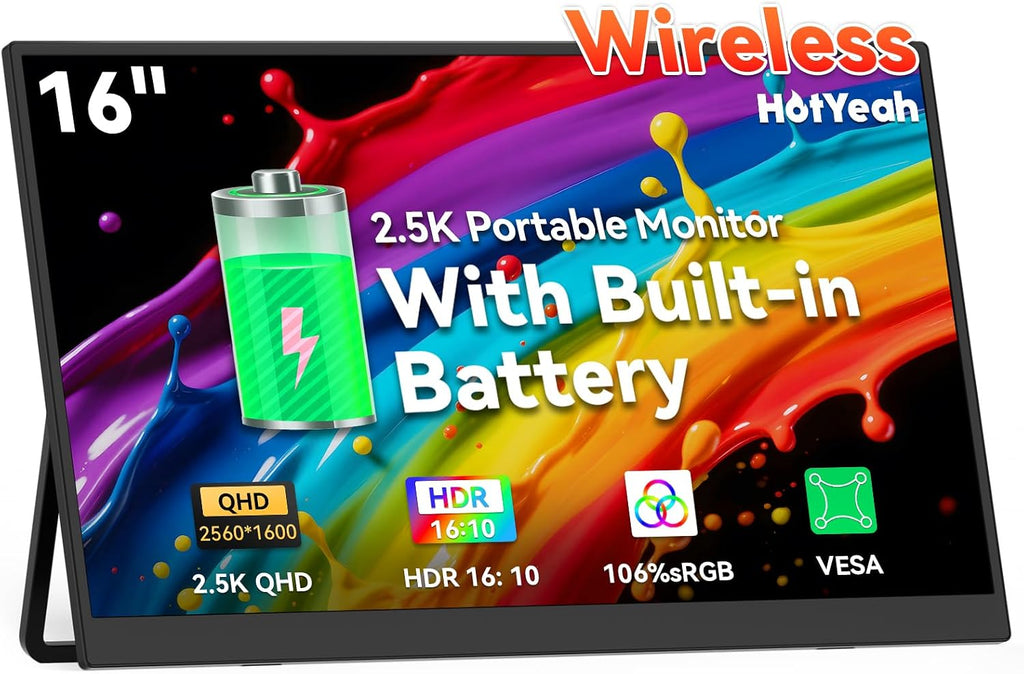 16' 2.5K Wireless Portable Monitor Battery-Powered, Support AirPlay Miracast, 2560×1600P IPS USB-C HDMI External Monitor, 2nd Screen for Laptop MacBook PC Phone Tablet, w/Built-in Battery(4- 5H)