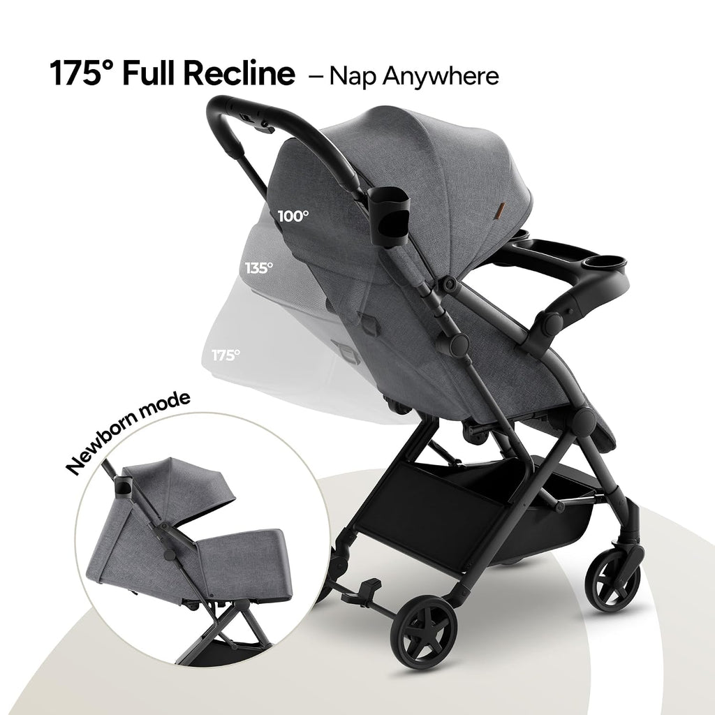 Mompush Lithe V2 Lightweight Travel Stroller, Compact Foldable Baby Stroller with Travel Bag, One-Hand Fold Stroller, Snack Tray, Mechanical Recline Seat, Airplane-Ready, UPF 50+ Canopy & Rain Cover