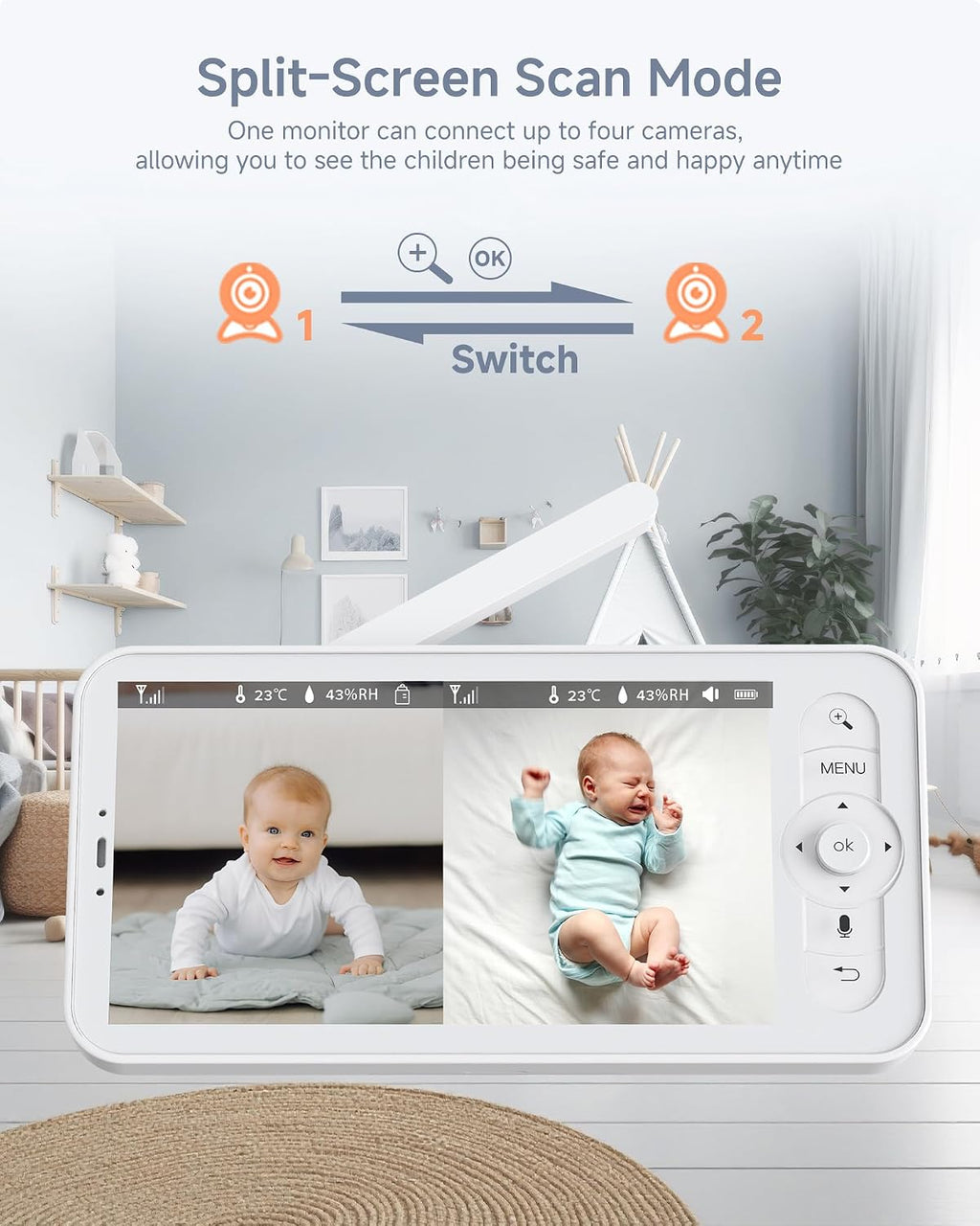 ARENTI Baby Monitor with 2 Cameras, 2K/3MP WiFi 6 Camera and Audio, 5-inch Wireless Screen, Smartphone App, Super Night Vision, Crying Detection, Auto Tracking, Temp&Humidity Sensor (D3 Set)