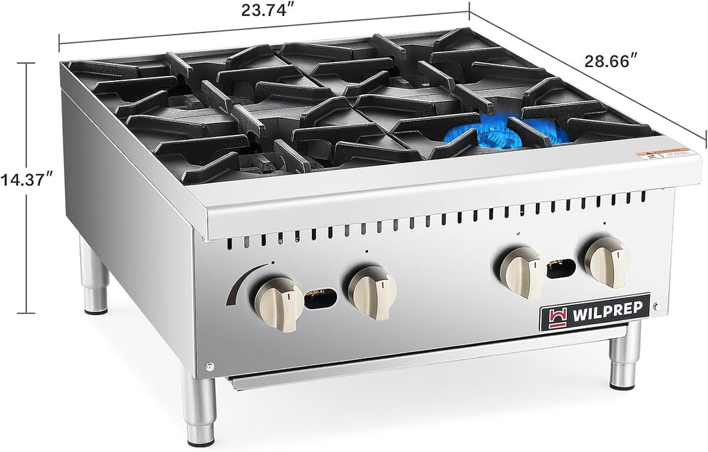 WILPREP Countertop Gas Range, 4 Burner Countertop Gas Stove with 100,000 BTU, 24' Propane with Natural Conversion Kit Grates, Stainless Steel Commercial for Restaurant Kitchen