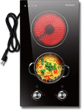 2 Burner Electric Cooktop 110V Karienvir, Plug in Electric Stove Top Burner 2000W, Cooktop Knob Controls, 12 Inch Countertop & Built-In Portable Kitchen Cooktop, 9 Power Levels, Residual Heat Warnings