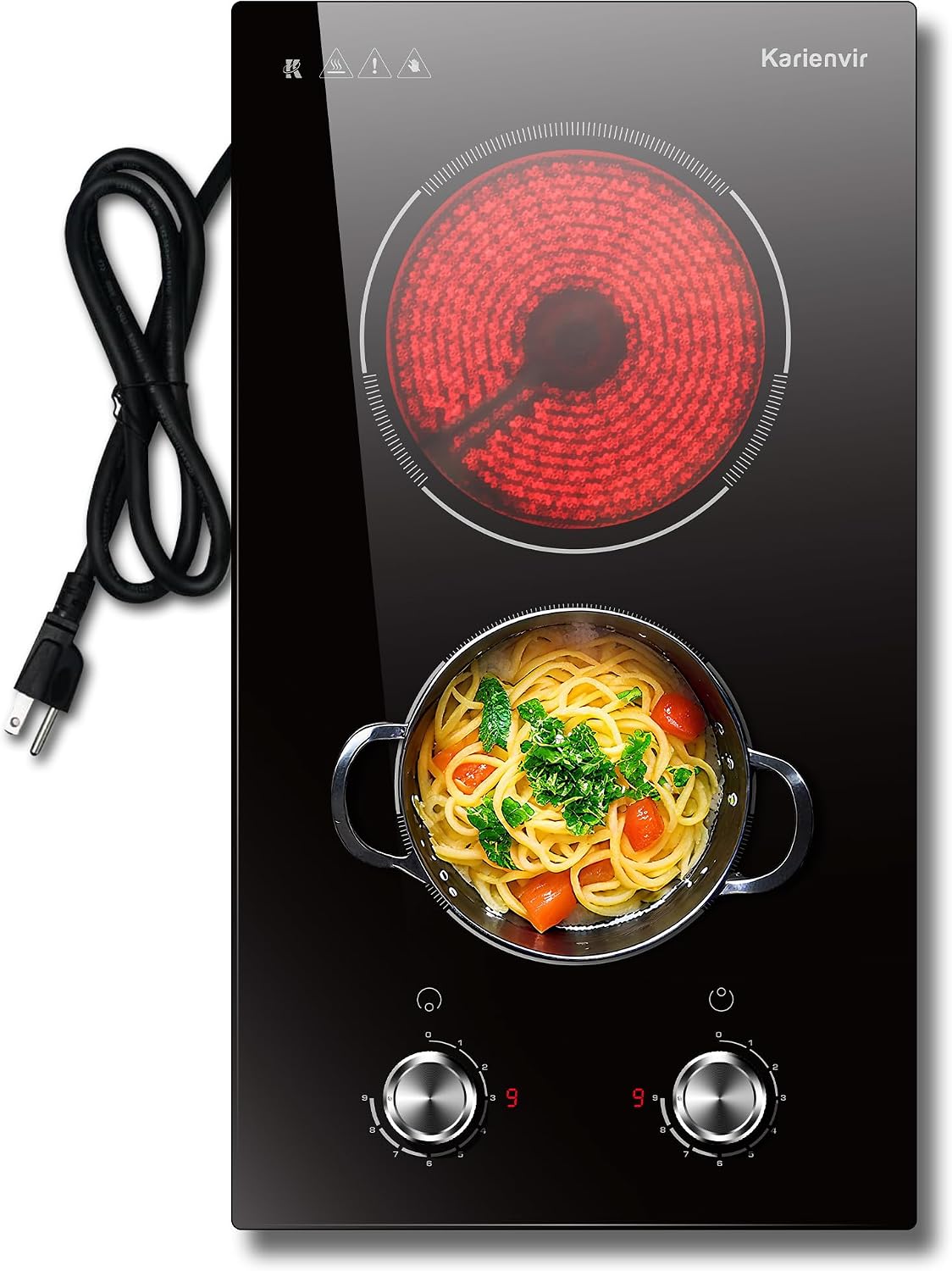 2 Burner Electric Cooktop 110V Karienvir, Plug in Electric Stove Top Burner 2000W, Cooktop Knob Controls, 12 Inch Countertop & Built-In Portable Kitchen Cooktop, 9 Power Levels, Residual Heat Warnings