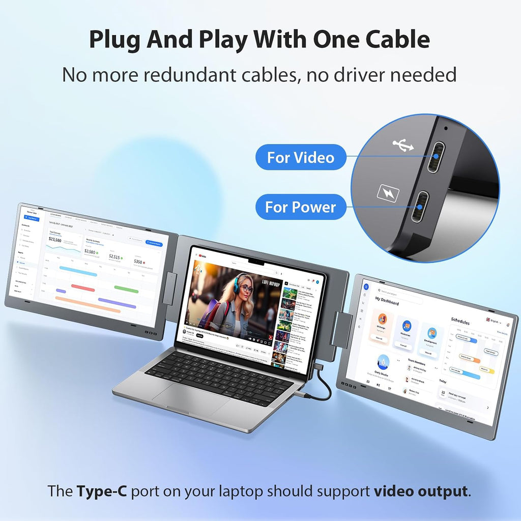 KYY Triple Laptop Screen Extender, 15.6' 1080P FHD IPS Dual Portable Extended Monitor, USB C Travel Display for 12-17'' Laptop, 210°Rotation & Kickstand, Plug and Play (Windows Only)