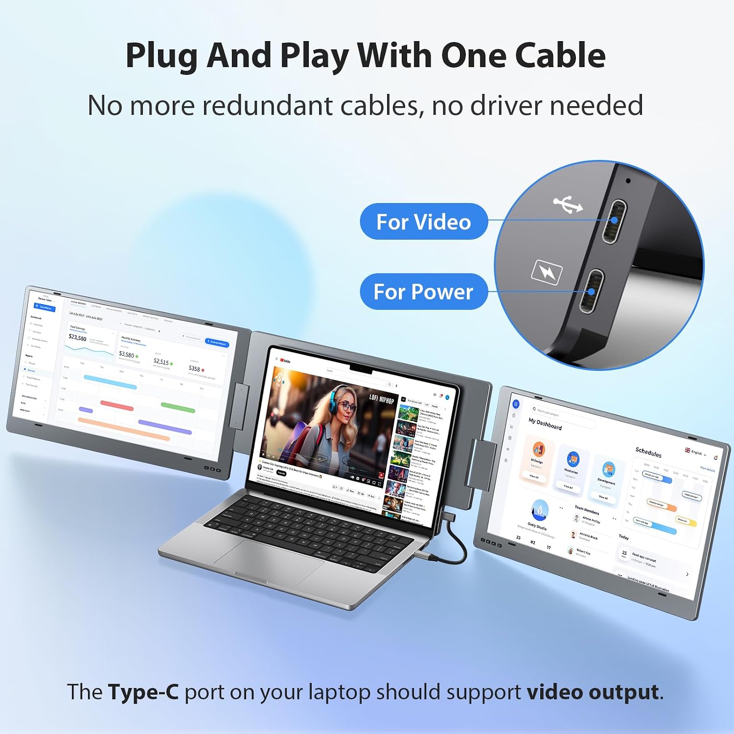 KYY Triple Laptop Screen Extender, 15.6' 1080P FHD IPS Dual Portable Extended Monitor, USB C Travel Display for 12-17'' Laptop, 210°Rotation & Kickstand, Plug and Play (Windows Only)