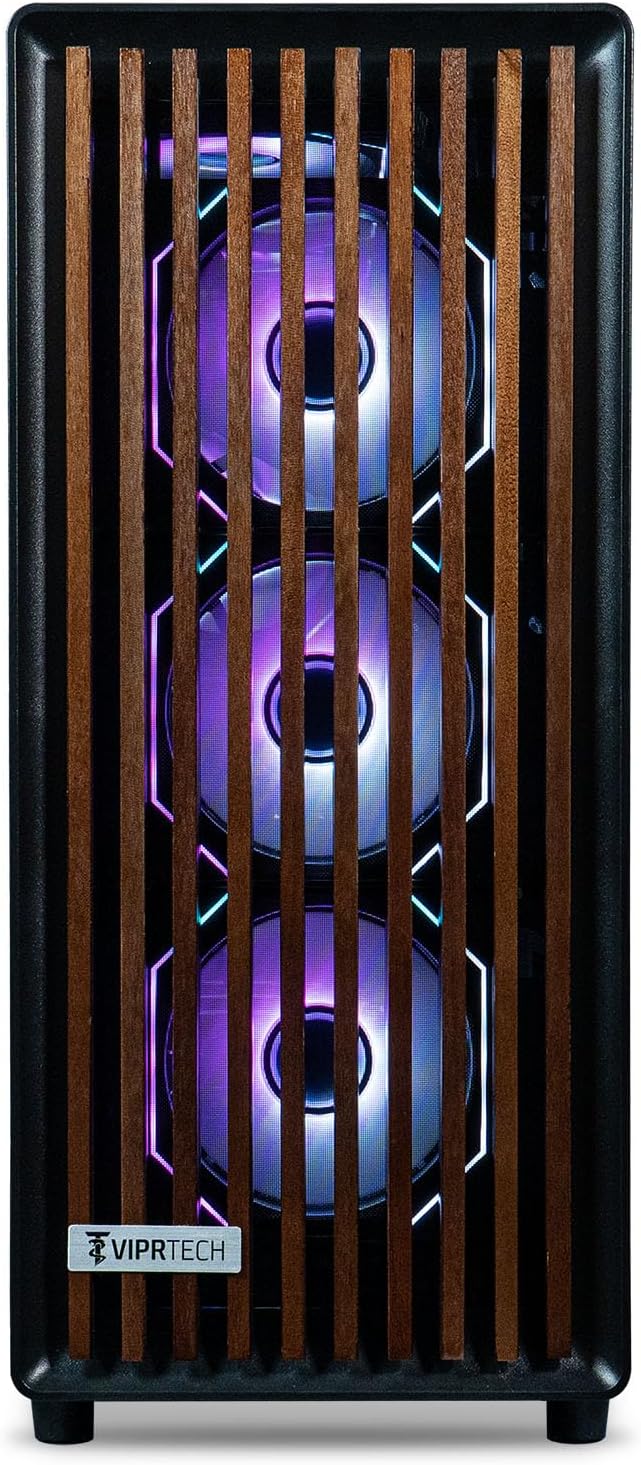 ViprTech Overlord Wood Gaming PC - AMD Ryzen 7 (4.4Ghz Turbo), RTX 5050 8GB, 16GB DDR4 RAM, 1TB SSD, 700W PSU, Black Wood Case, RGB Keyboard Mouse, VR-Ready, WiFi BT, Computer Tower Prebuilt